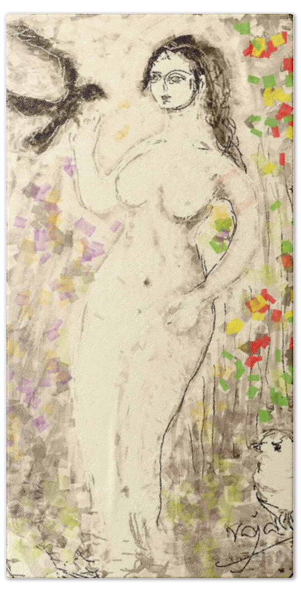 Nude Figure Beach Sheet featuring the digital art Nude female with bird by Subrata Bose