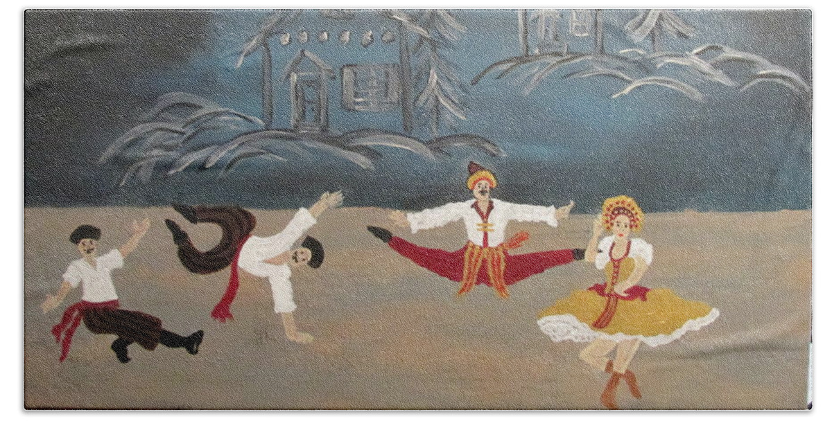 Abstract Christmas Nutcracker Ballet Dance Headresses Music Russia Russian Cossacks Navy Black White Wine Gold Brown Beach Sheet featuring the painting Nutcrackers Dance Of Russian Cossacks by Sharyn Winters