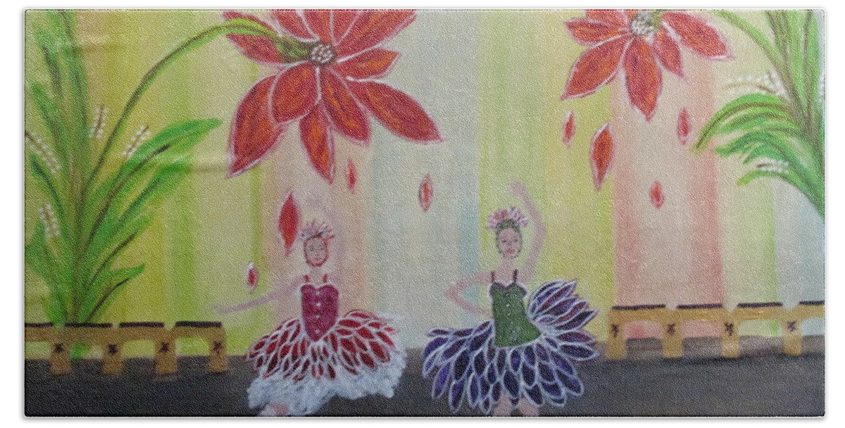 Abstract Nutcracker Music Waltz Flowers Ballet Dance Whimsical Dancers Pastels Crimson Maroon Purple Green Beach Towel featuring the painting Nutcrackers Waltz Of The Flowers by Sharyn Winters
