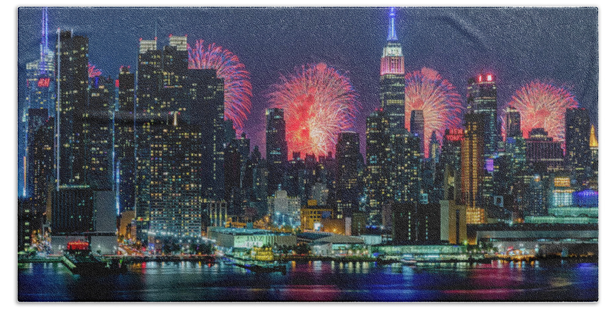 New York City Fireworks Beach Towel featuring the photograph NYC Fireworks Celebration by Susan Candelario