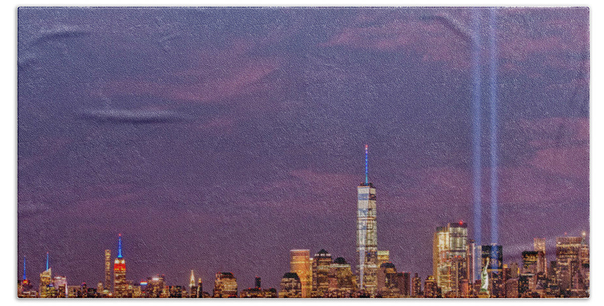 September 11 Beach Towel featuring the photograph NYC Landmarks WTC Tribute In Light by Susan Candelario