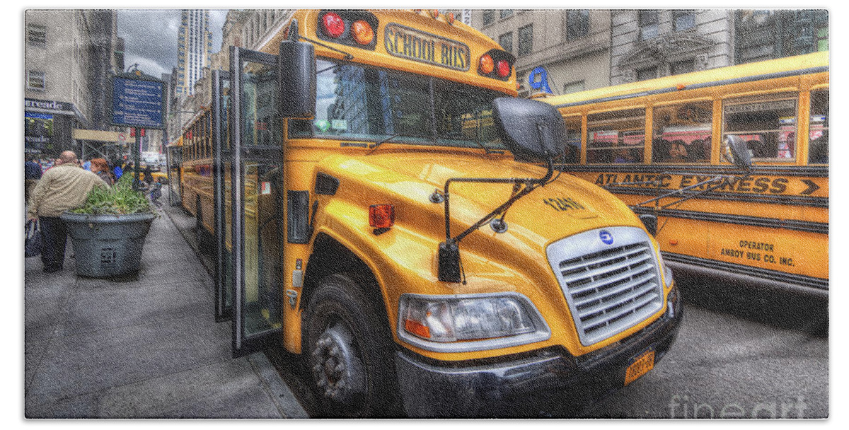 Yhun Suarez Beach Towel featuring the photograph NYC School Bus by Yhun Suarez