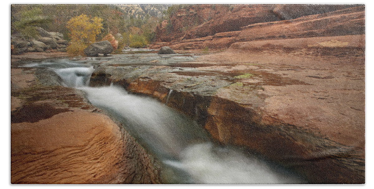 00438935 Beach Towel featuring the photograph Oak Creek In Slide Rock State Park by Tim Fitzharris