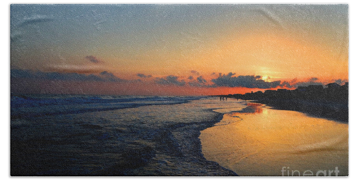 Oak Island Beach Towel featuring the photograph Oak Island Sunset Reflections by Amy Lucid