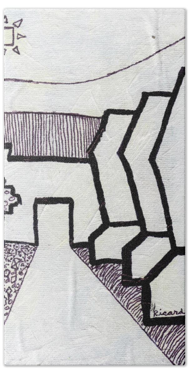 Abstract Beach Towel featuring the drawing Oasis Original Black Ink on White Canvas by Ricardos by Ricardos Creations