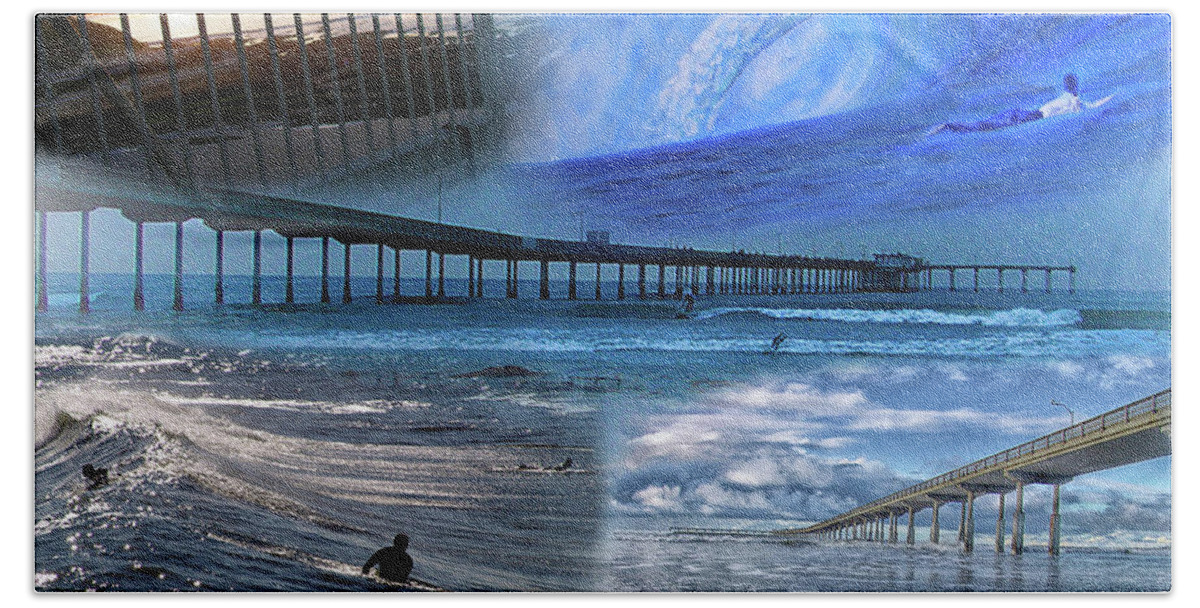Ocean Beach Beach Towel featuring the mixed media OB collage by Brian Gilna