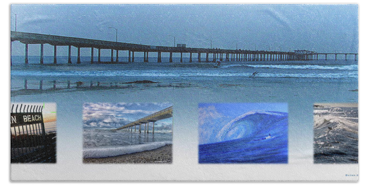 Ocean Beach Beach Towel featuring the mixed media OB horizonal collage by Brian Gilna