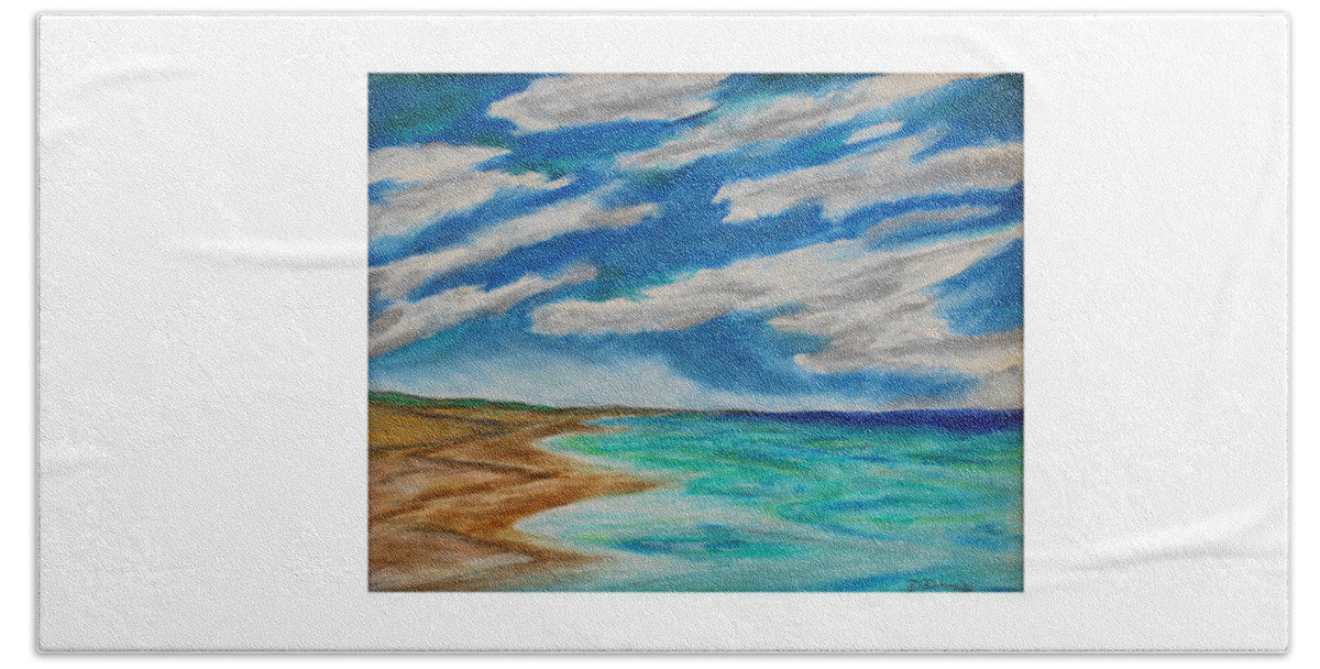 Ocean Beach Sand Tide Waves Sky Coastal Dunes Blue Green Morning Walk Pastel Beach Towel featuring the painting Ocean clouds by Daniel Dubinsky