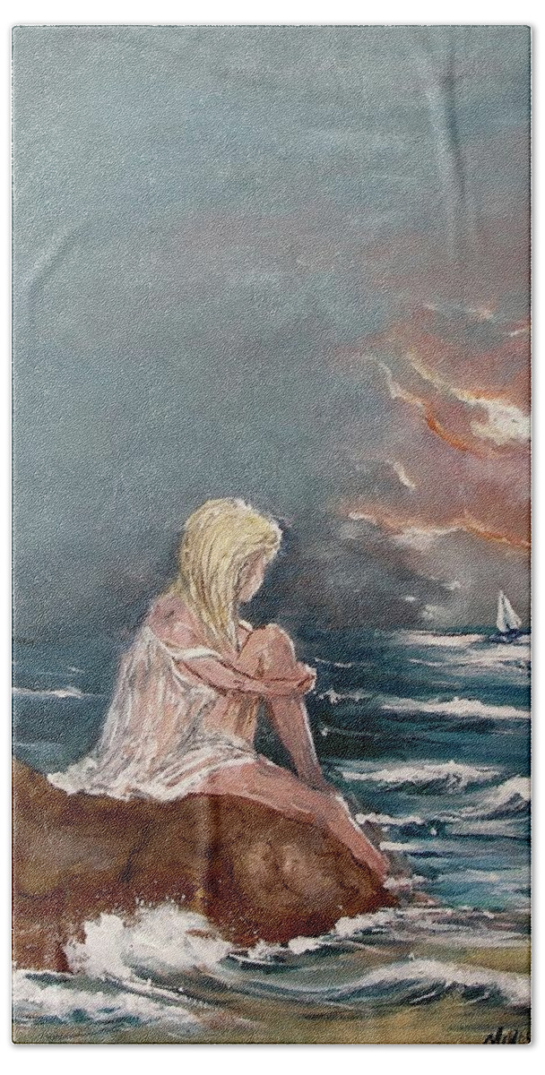 Oceanic Relaxation Ocean View Sea Wave Water Seascape Girl Woman Sit Figure Look Sail Sailing Beach Evening Sunset Clouds Splash Blonde Acrylic Painting Print Nude Blue White Beach Sheet featuring the painting Oceanic Relaxation by Miroslaw Chelchowski
