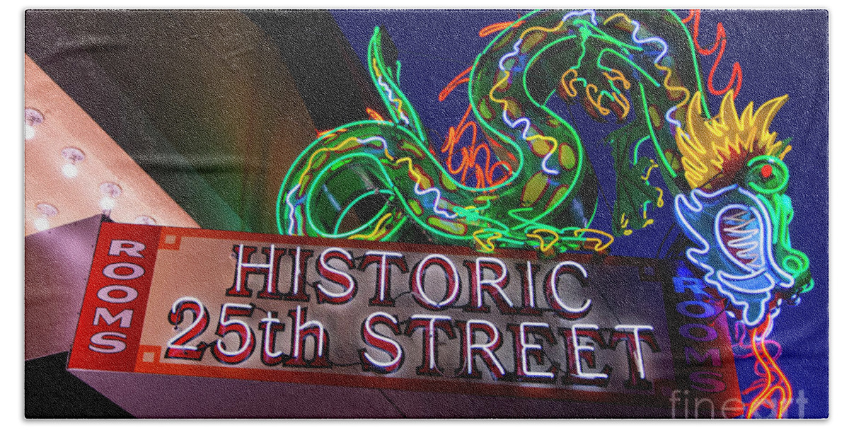Utah Beach Towel featuring the photograph Ogden's Historic 25th Street Neon Dragon Sign by Gary Whitton