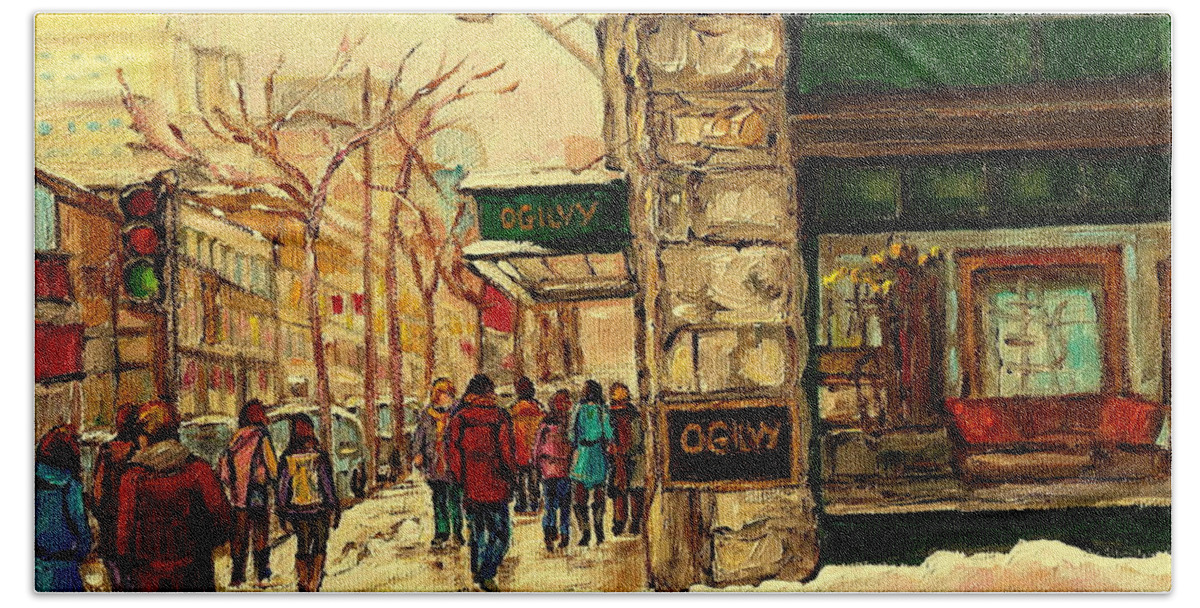 Ogilvys Department Store Beach Towel featuring the painting Ogilvys Department Store Downtown Montreal by Carole Spandau