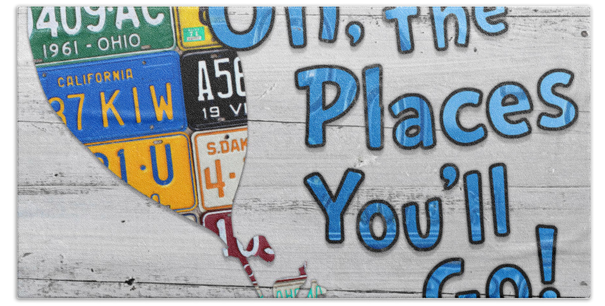 Oh The Places Youll Go Beach Towel featuring the mixed media Oh The Places Youll Go Dr Seuss Inspired Recycled Vintage License Plate Art on Wood by Design Turnpike