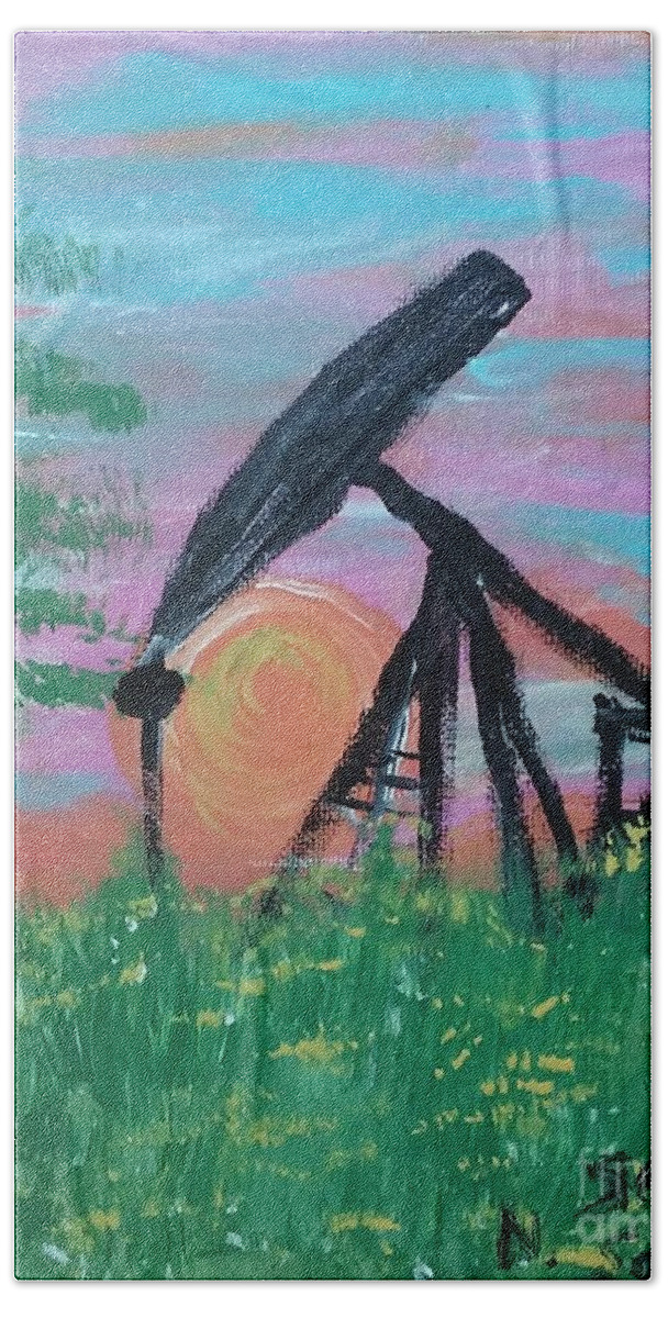 Oil At Sunrise Beach Towel featuring the painting Oil At Sunrise by Seaux-N-Seau Soileau