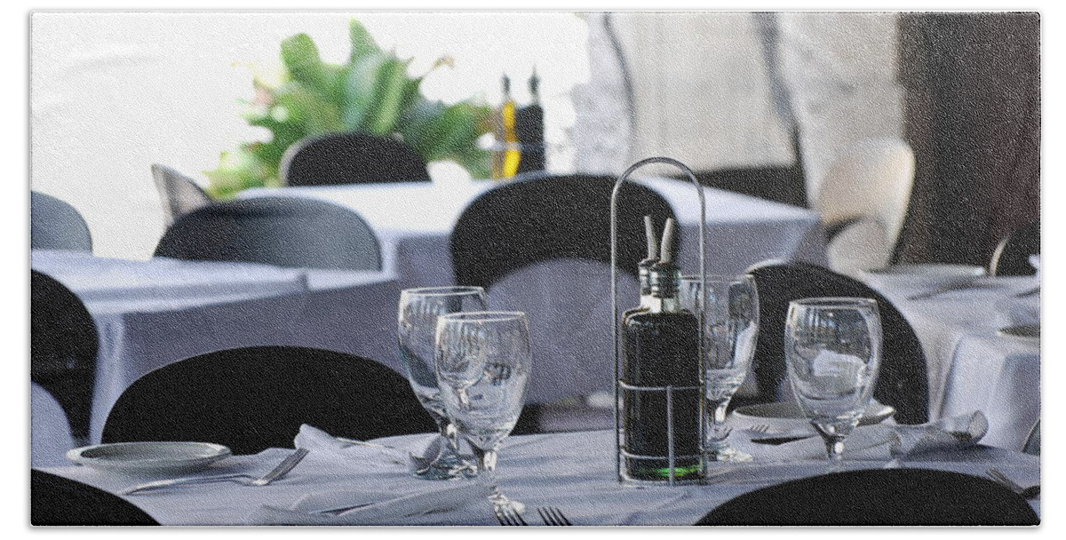 Tables Beach Sheet featuring the photograph Oils And Glass At Dinner by Rob Hans