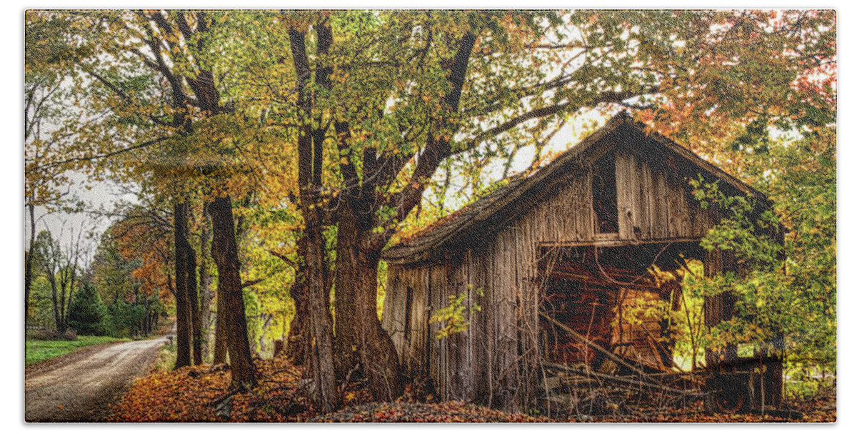 Hdr Photography Beach Sheet featuring the photograph Old Autumn Shed by Richard Gregurich