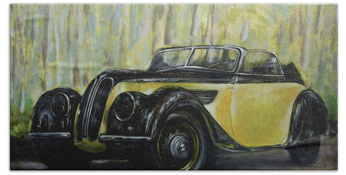 Bmw Beach Sheet featuring the painting Old BMW yellow car painted on leather, vintage 1938 by Vali Irina Ciobanu