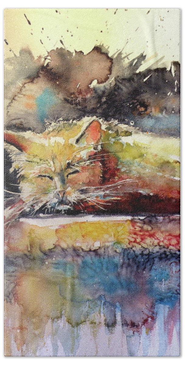 Old Beach Sheet featuring the painting Old cat resting by Kovacs Anna Brigitta