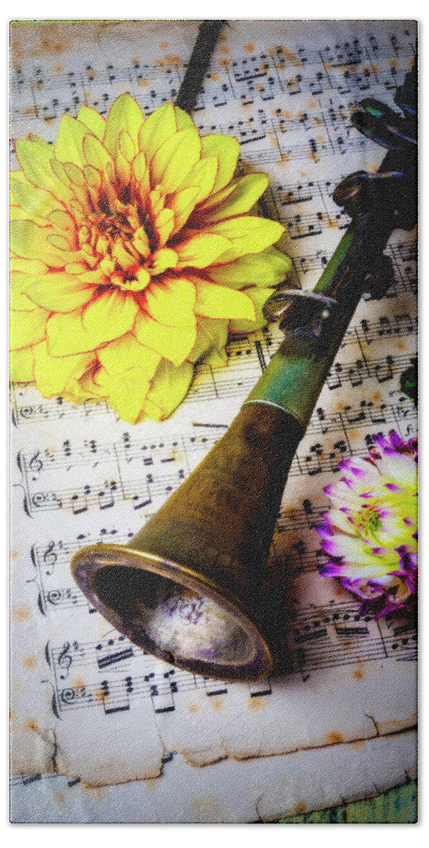 Old Beach Towel featuring the photograph Old Clarinet And Dahlias by Garry Gay