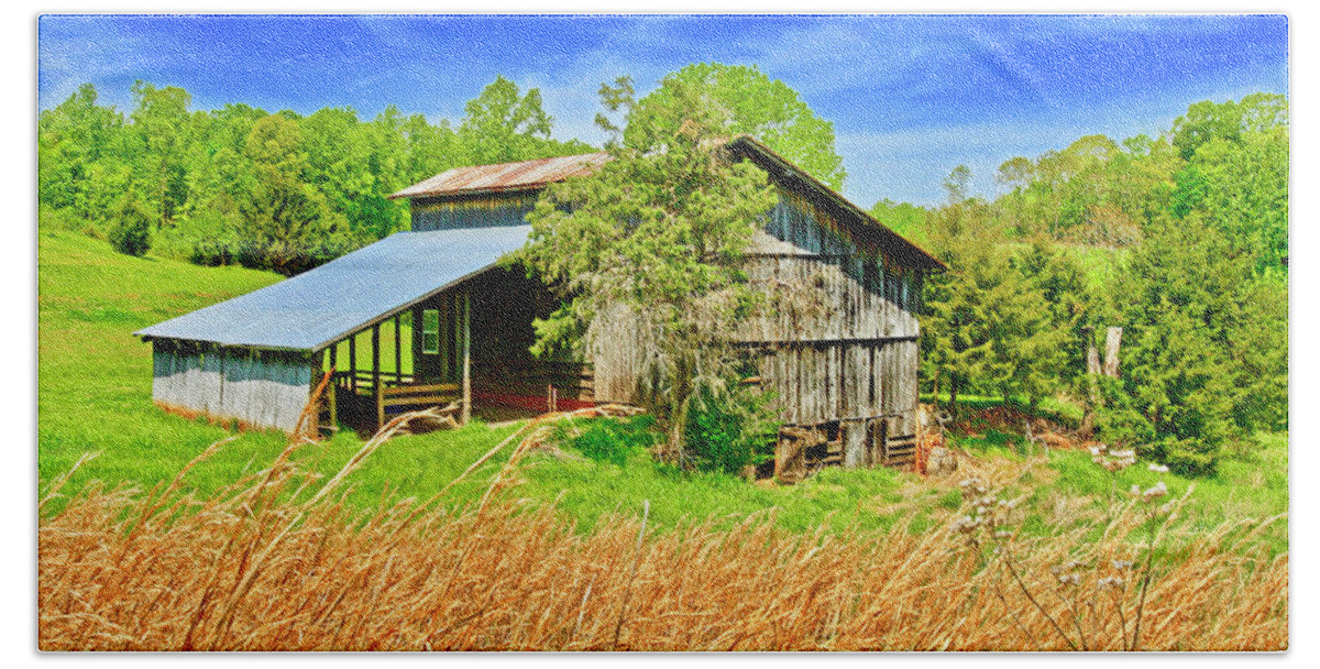 Old Barn; Virginia; Wheat; Hay; Golden Tall Grass; Blue Sky; Rolling Hill; Countryside; Landscapes Beach Towel featuring the photograph Old Country Barn by The James Roney Collection