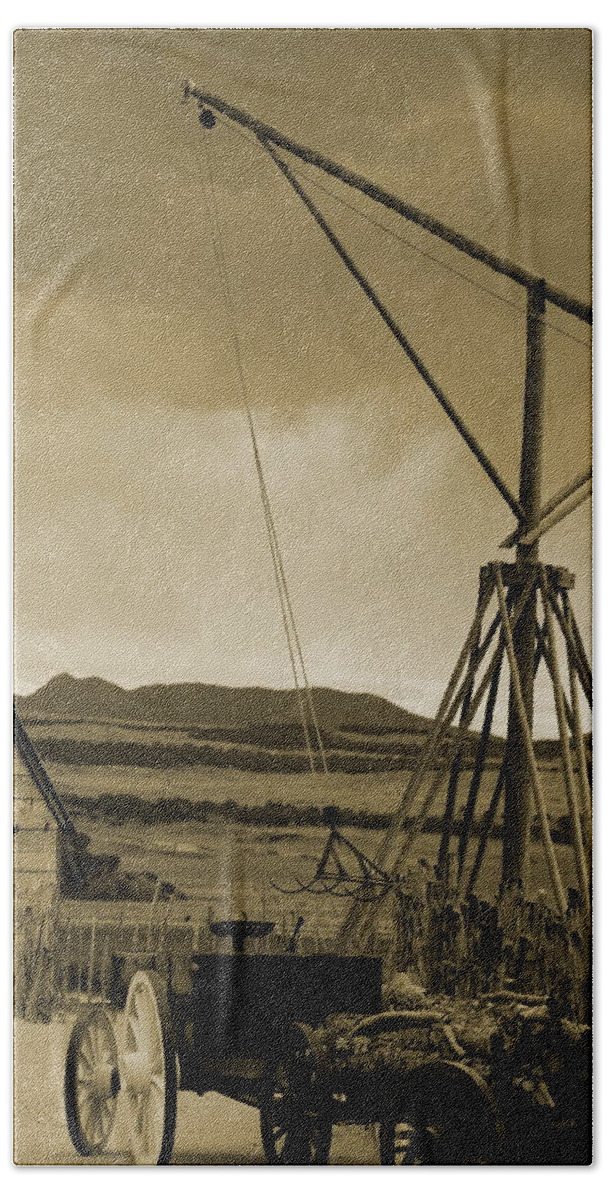 Cove Creek Utah Beach Sheet featuring the photograph Old Crane and Shed Utah Countryside in Sepia by Colleen Cornelius