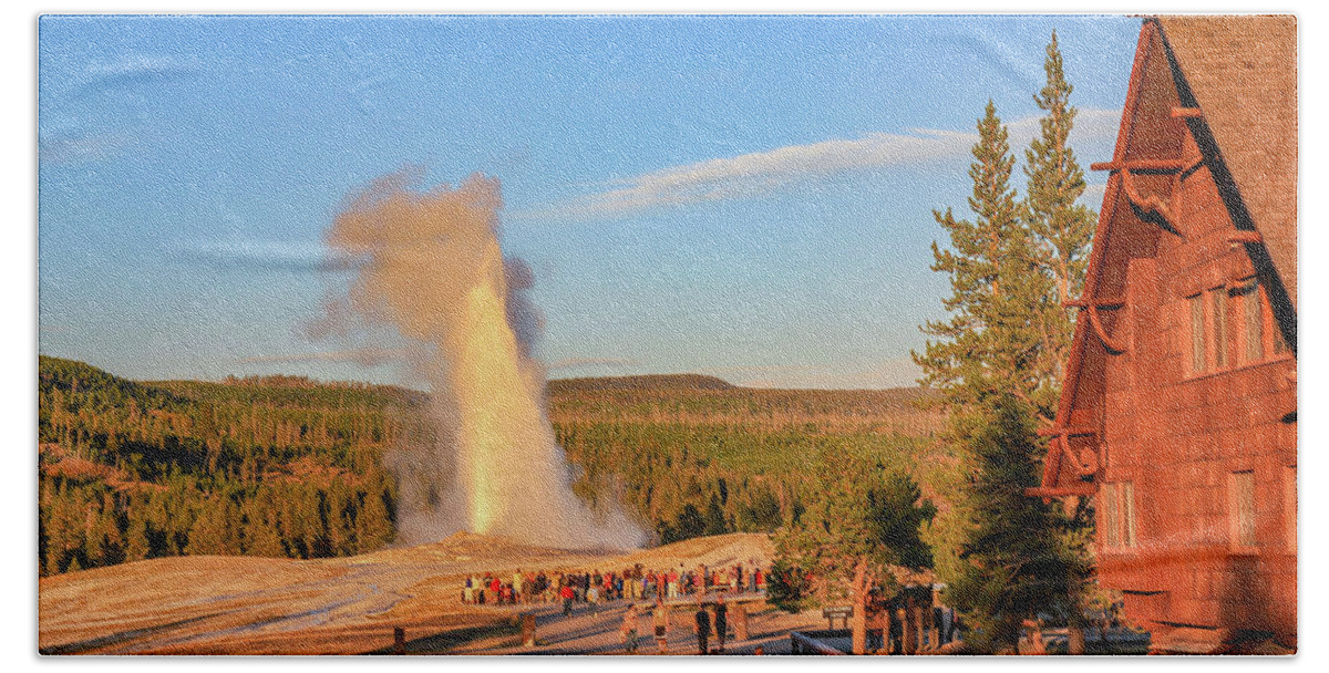 Hot Springs Beach Towel featuring the photograph Old Faithful Geyser Evening by Kevin Craft