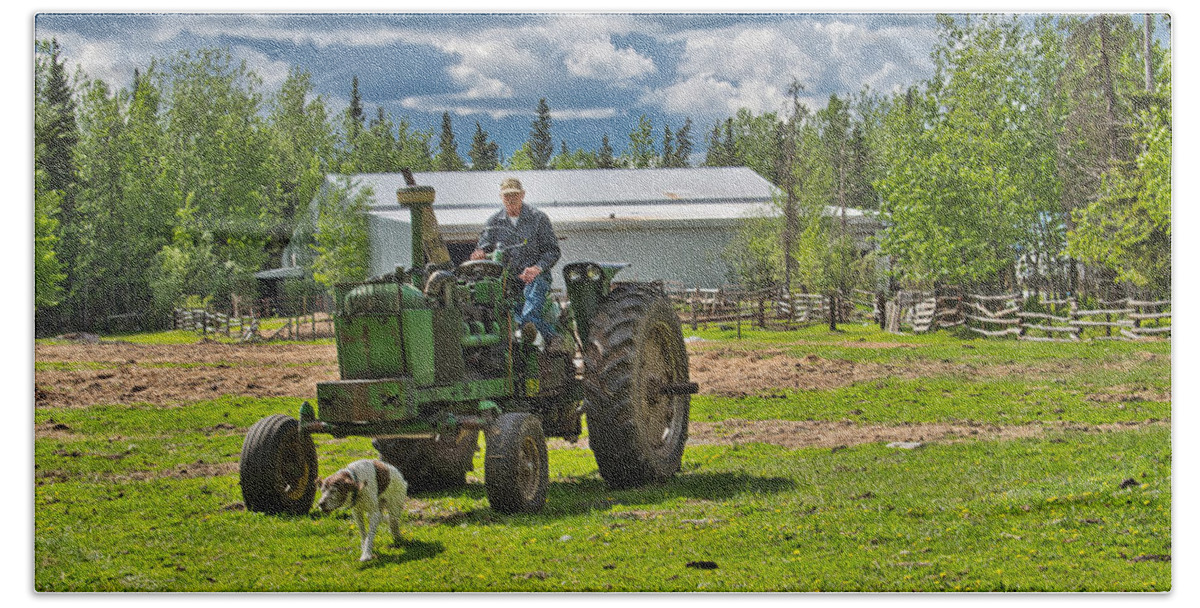 Tractor Beach Sheet featuring the photograph Old Farmer Old Tractor Old Dog by Cathy Mahnke