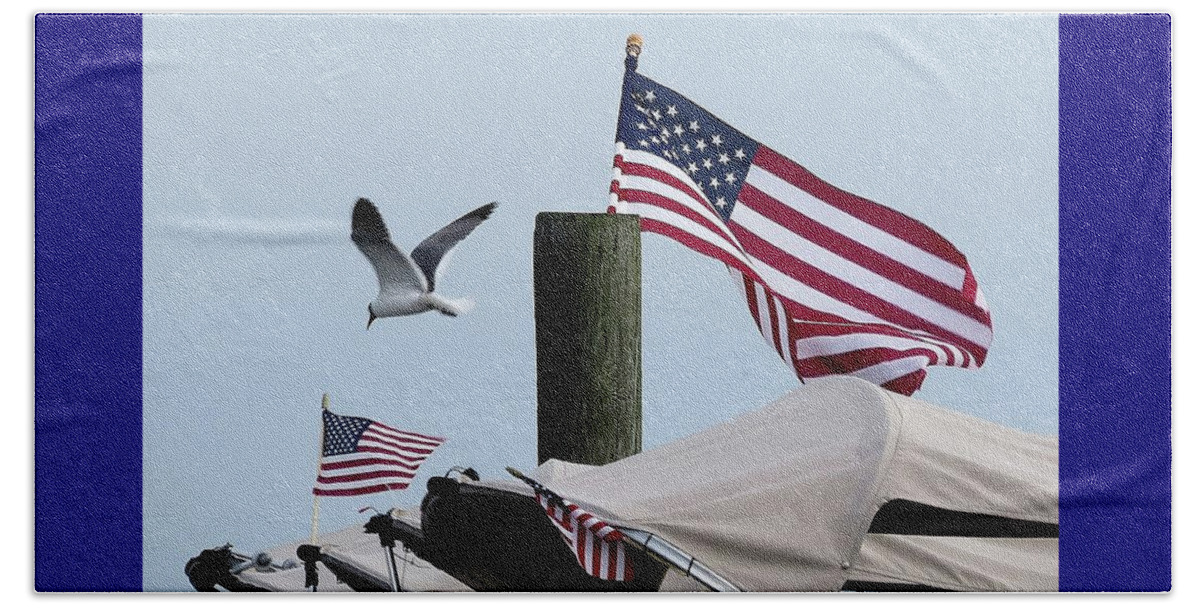 American Flag Beach Towel featuring the photograph Old Glory and Gull by Linda Stern