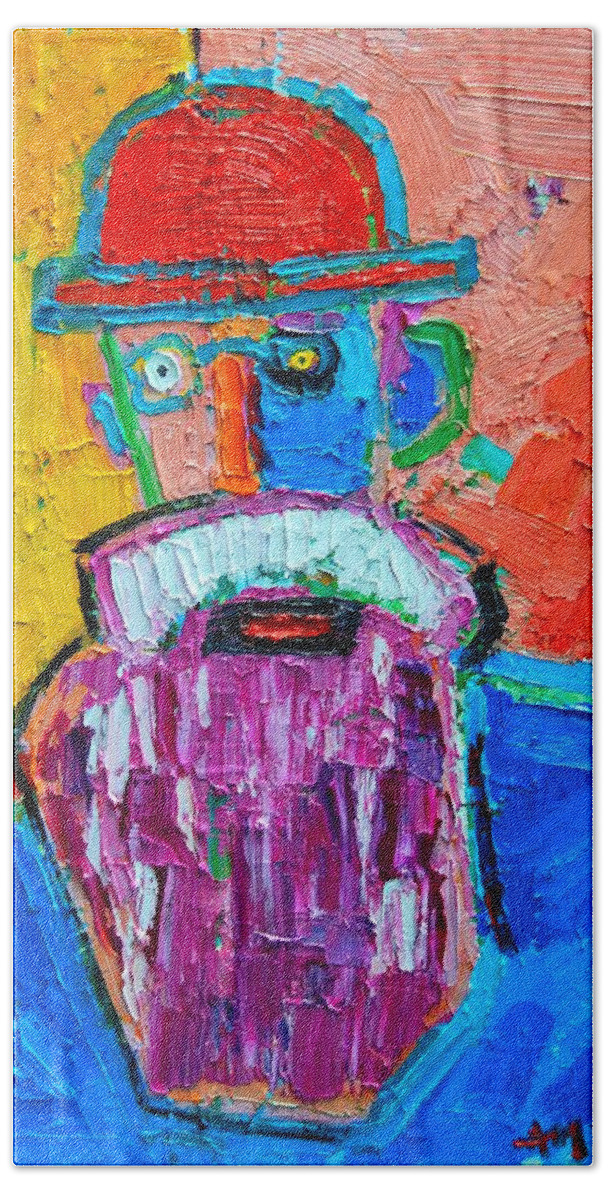 Expressionist Beach Towel featuring the painting Old Man With Red Bowler Hat by Ana Maria Edulescu