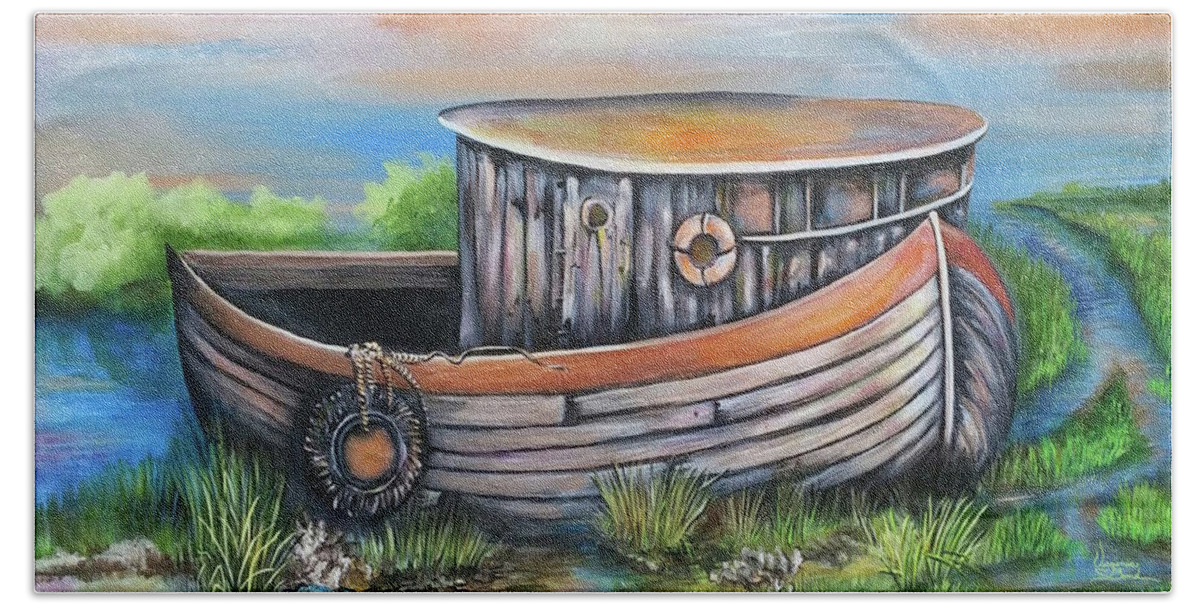 Marsh Beach Sheet featuring the painting Old Mans Boat by Virginia Bond