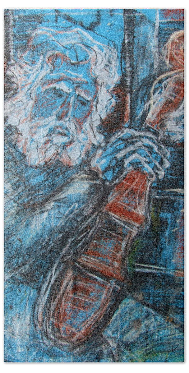 Original Art Pastel Chalk Drawing Old Man White Beard Playing Violin Beach Sheet featuring the pastel Old Man's Violin by Katt Yanda
