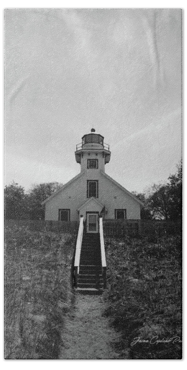 Black And White Lighthouse Beach Sheet featuring the photograph Old Mission Point Lighthouse by Joann Copeland-Paul