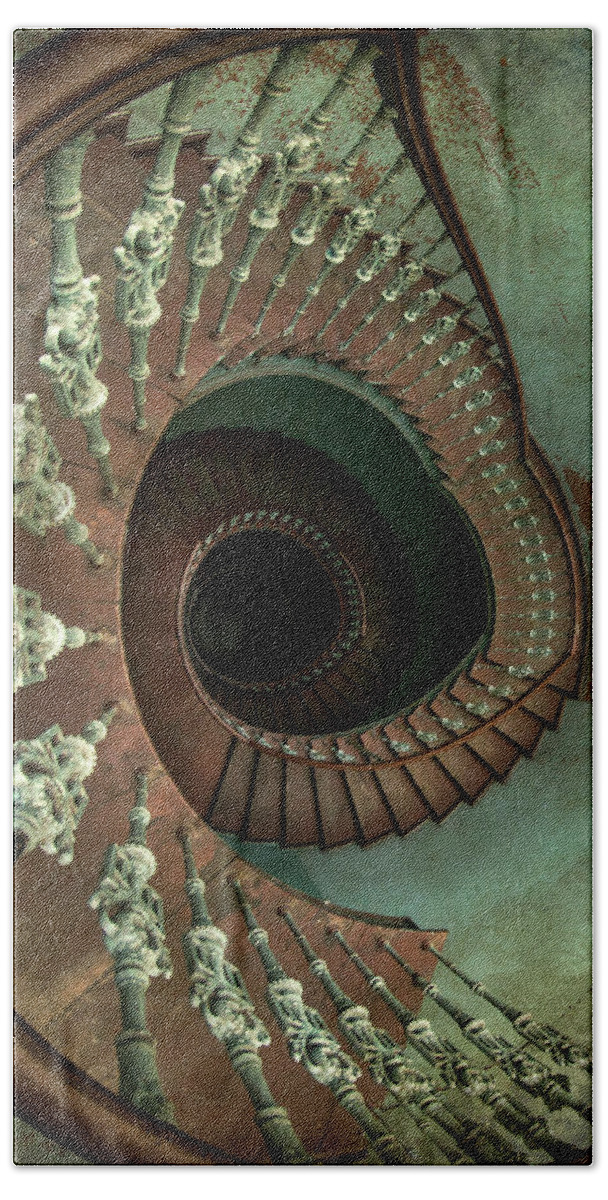 Spiral Beach Towel featuring the photograph Old ornamented spiral staircase by Jaroslaw Blaminsky