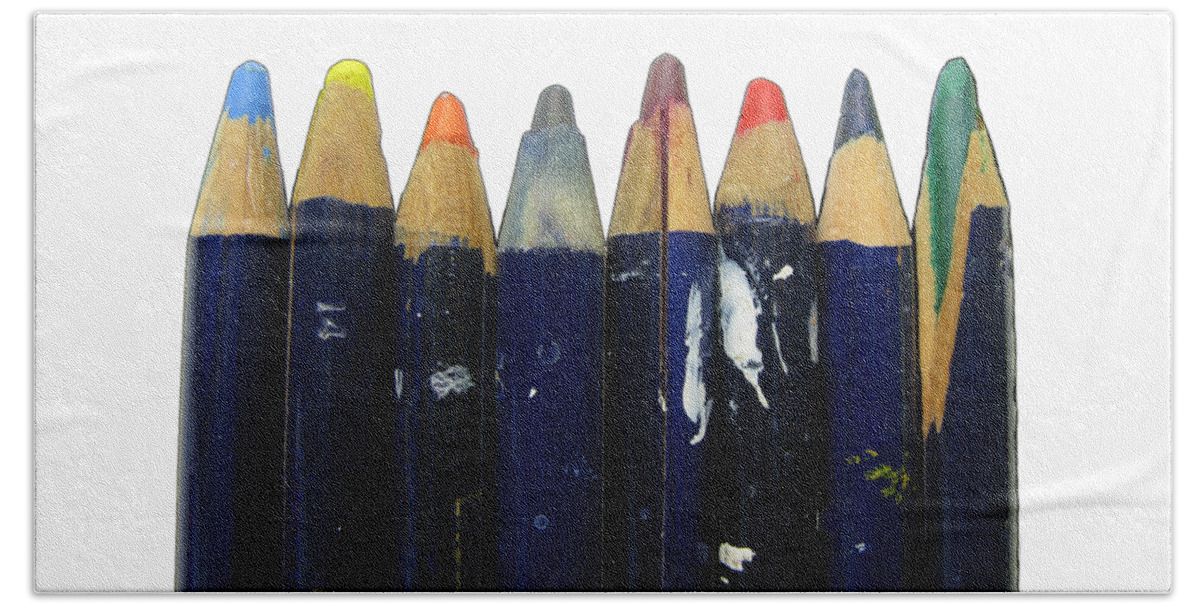 Pencils Beach Towel featuring the photograph Old pencils in a row by Tom Conway