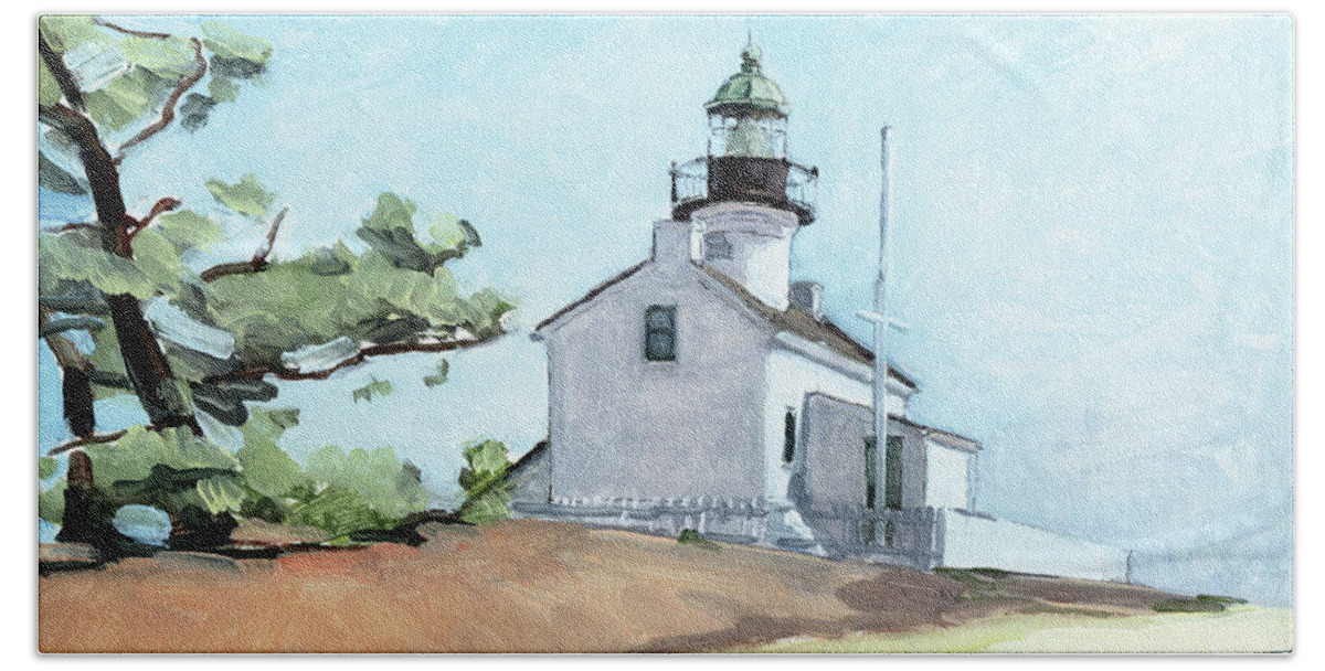 Point Loma Lighthouse Beach Towel featuring the painting Old Point Loma Lighthouse San Diego by Paul Strahm