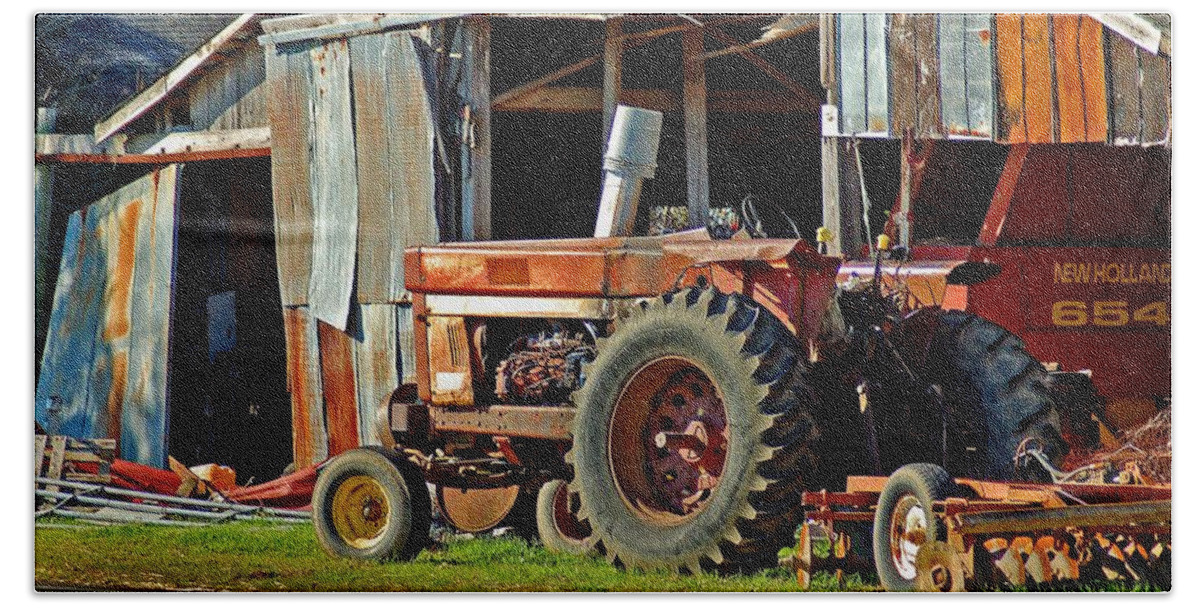Tractors Beach Towel featuring the painting Old Red Tractor and the Barn by Michael Thomas