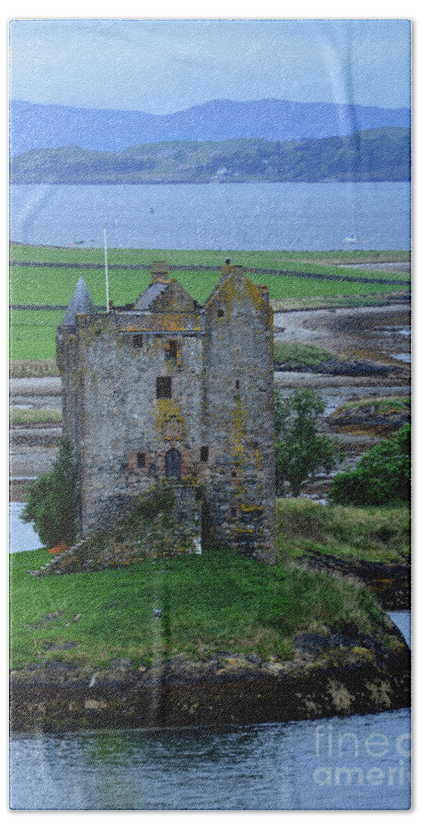 Castle Stalker Beach Towel featuring the photograph Old Ruins of Castle Stalker in Scotland by DejaVu Designs