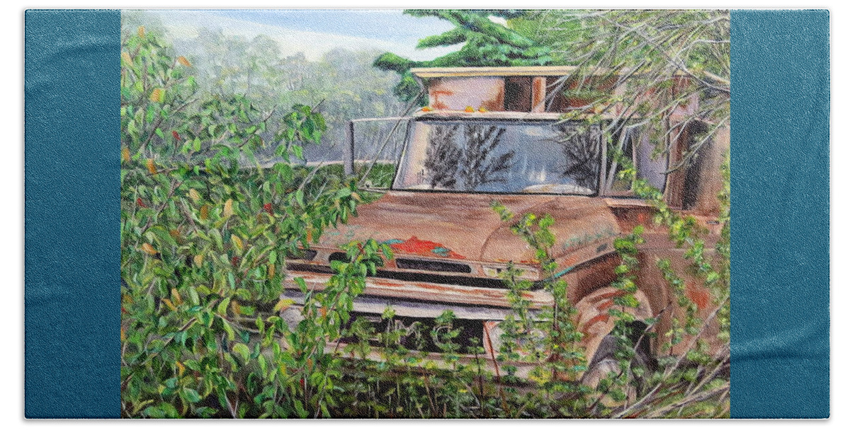 Old Truck Beach Towel featuring the painting Old truck rusting by Marilyn McNish