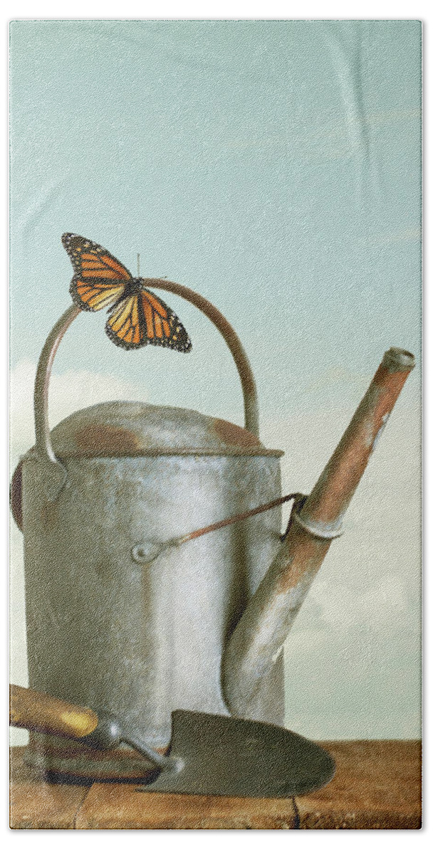 Watering Can Beach Sheet featuring the photograph Old Watering Can With Butterfly by Ethiriel Photography