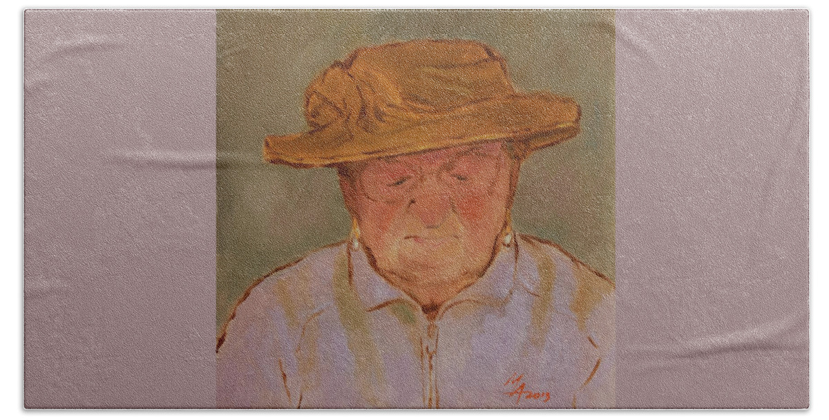 Portrait Beach Towel featuring the painting Old Woman with Yellow Hat by Attila Meszlenyi