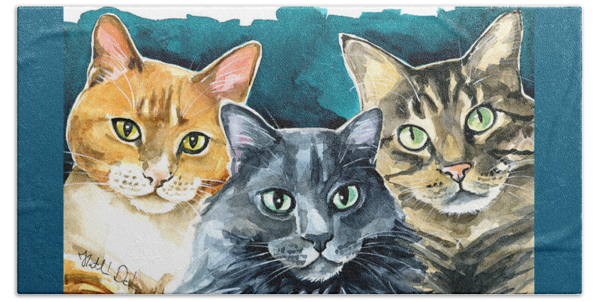 Cat Beach Towel featuring the painting Oliver, Willow and Walter - Cat Painting by Dora Hathazi Mendes