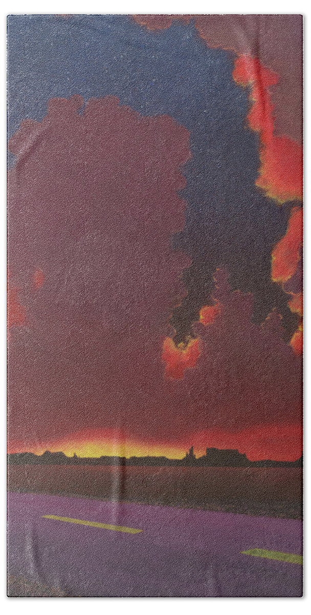 Desert Sunset Beach Towel featuring the painting On a Dark Desert Highway by Jack Malloch