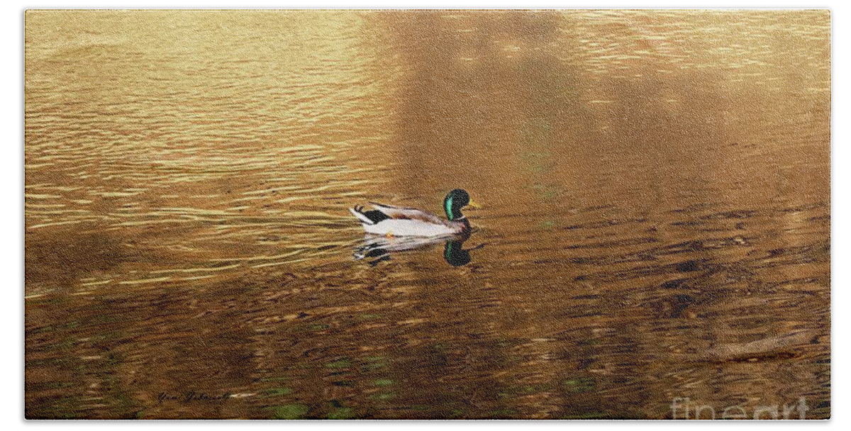 Mallard Duck Beach Towel featuring the photograph On Golden Pond by Yumi Johnson