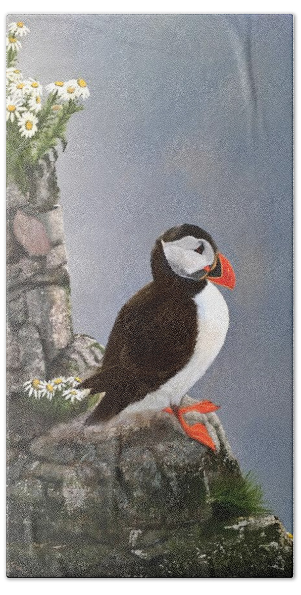 Puffin Beach Towel featuring the painting On The Edge by Marlene Little