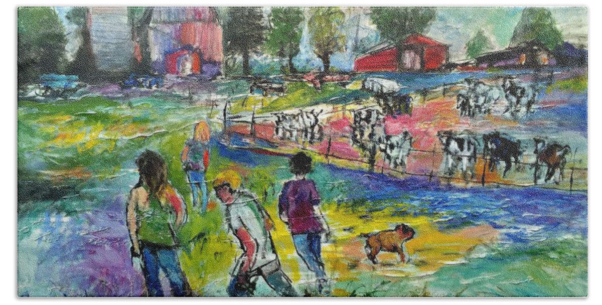 Farm Beach Towel featuring the painting On The Farm by Mykul Anjelo