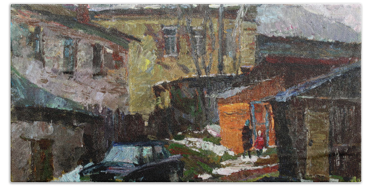  Beach Towel featuring the painting On the outskirts of Borovsk by Juliya Zhukova
