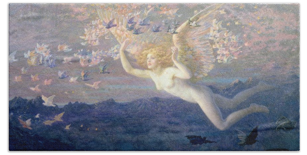 Nude Beach Towel featuring the painting On the Wings of the Morning by Edward Robert Hughes