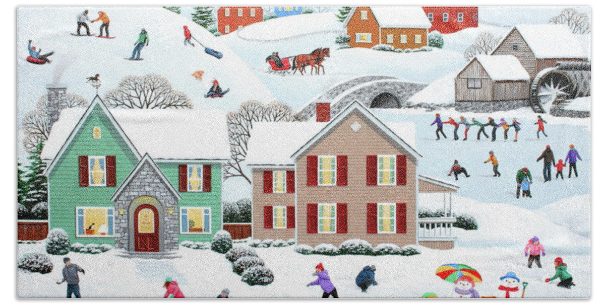 Folk Art Beach Sheet featuring the painting Once Upon A Winter by Wilfrido Limvalencia