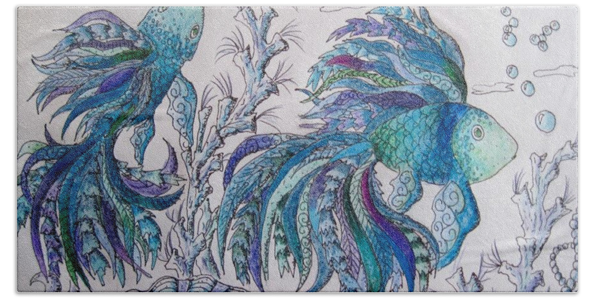 Fish Beach Sheet featuring the drawing One fish, two fish, lilac green and blue fish by Megan Walsh