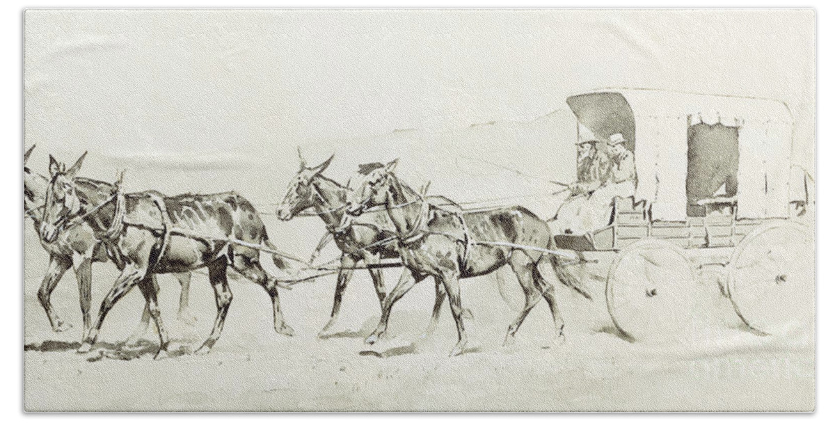 Pioneer Beach Towel featuring the drawing One of Williamson's Stages by Frederic Remington