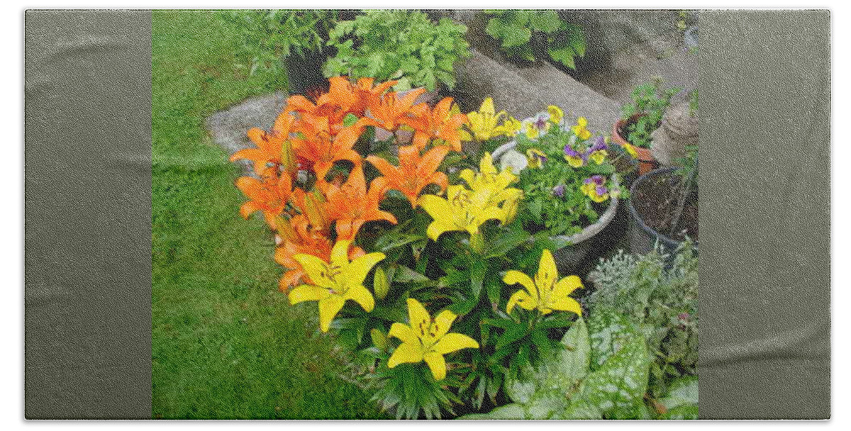 Flowers Beach Towel featuring the photograph Orange And Yellow Lilies by Jay Milo
